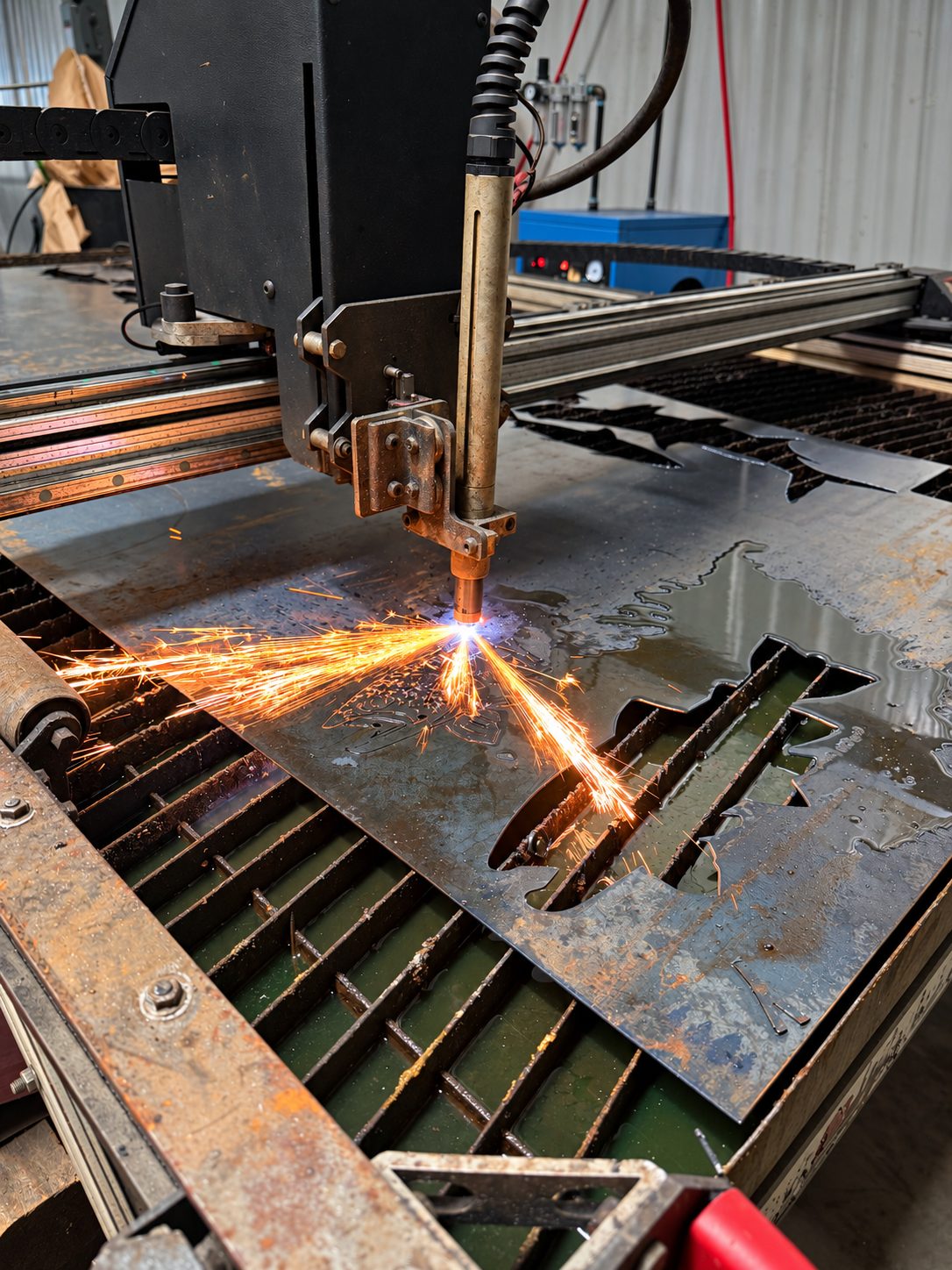 Sparks flying as a laser cuts a customer's custom sign design from steel plate