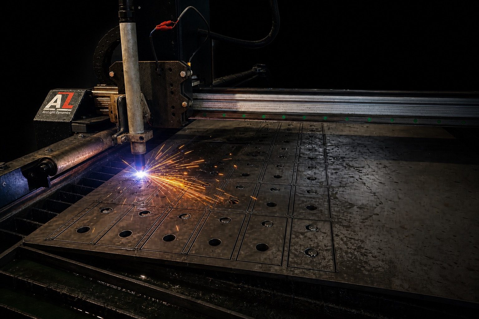 Laser cutting head above the slat bed with cut steel sheet in place