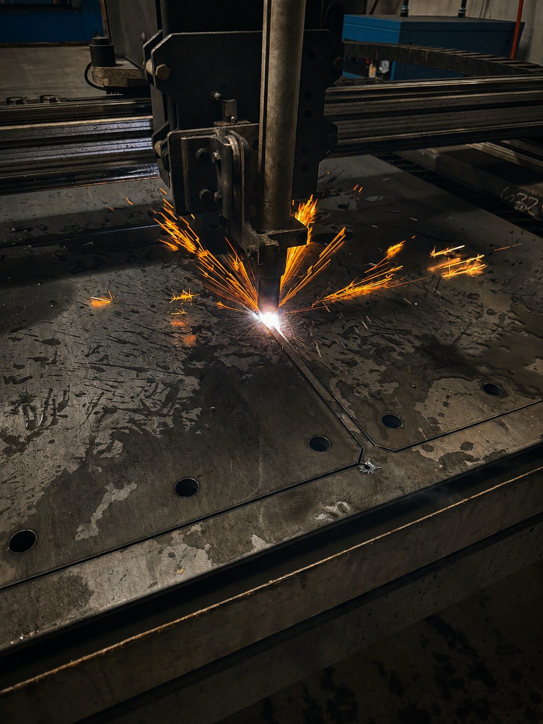 Laser cutting head throwing a fan of sparks while cutting steel plate
