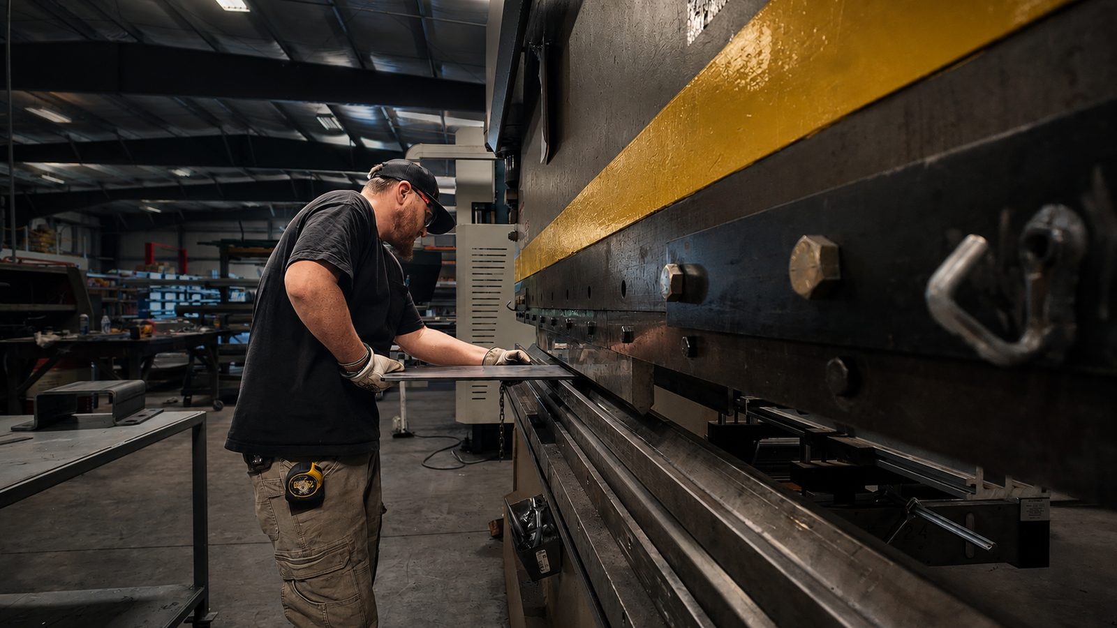 Fabricator guiding a steel plate into a large press brake on the Victory shop floor