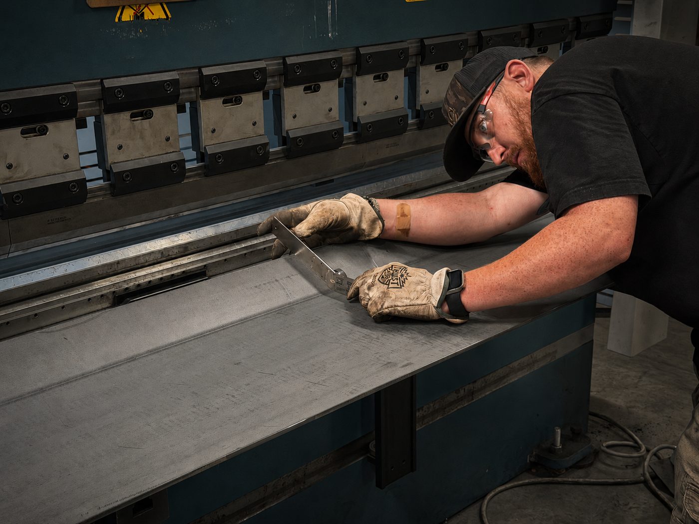 Fabricator checking a formed steel part against a machinist square on the press brake table
