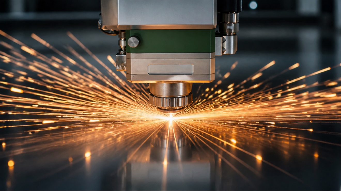 Laser cutting head throwing sparks across sheet steel