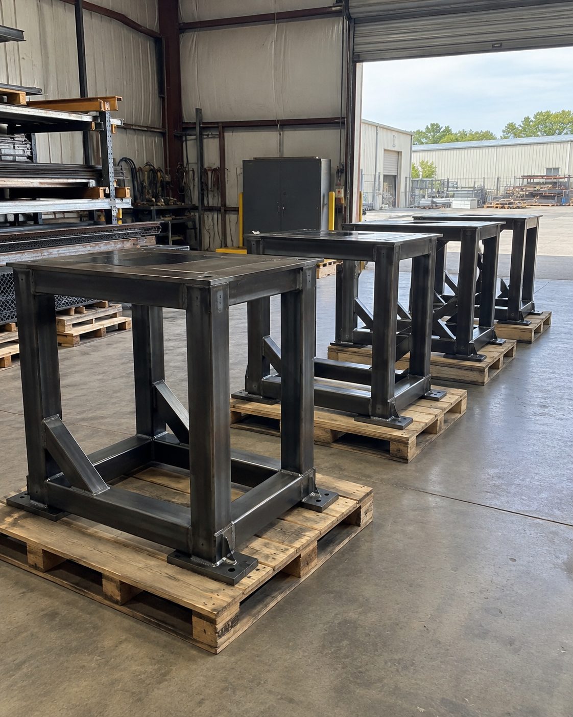 Fabricated steel stands crated on pallets ready to ship