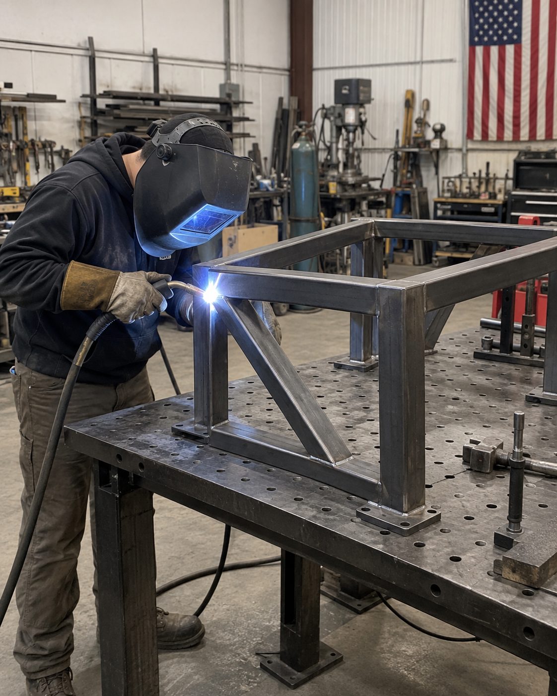 Victory fabricator welding a custom steel frame on the shop table