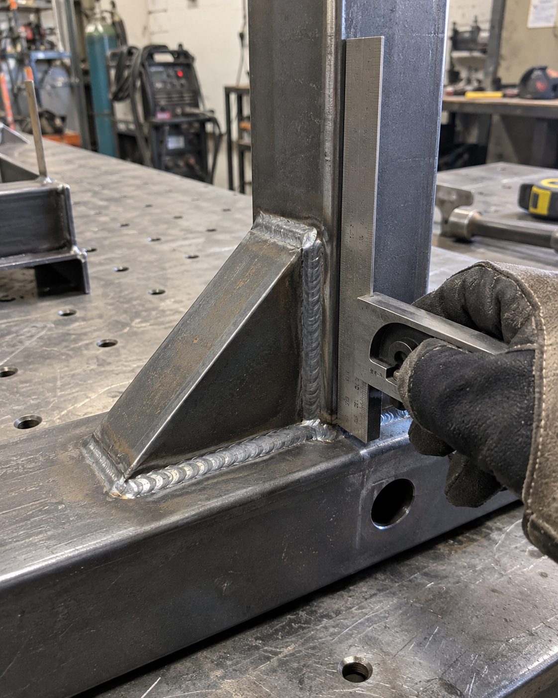 Close-up of a welded structural gusset joint