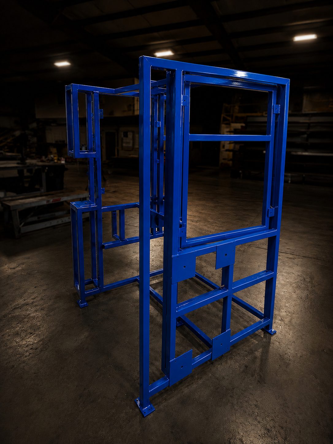 Tall blue painted steel storage racks standing in the shop
