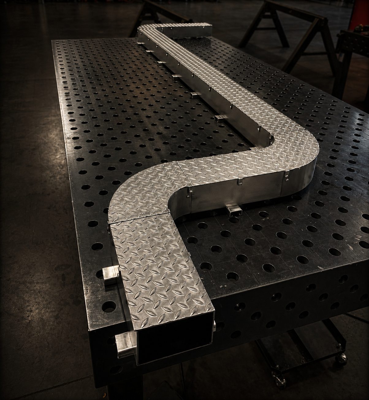 Formed diamond plate guard running across a welding table