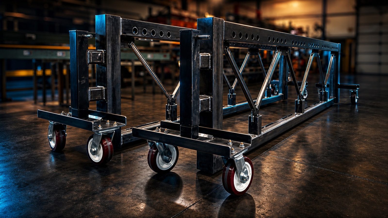 Long black steel cart on casters photographed down its length in the shop