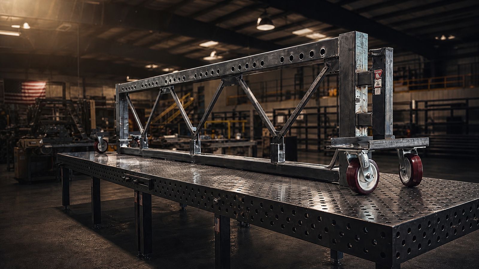 Long welded steel transport cart on heavy casters on a fixture table in the shop