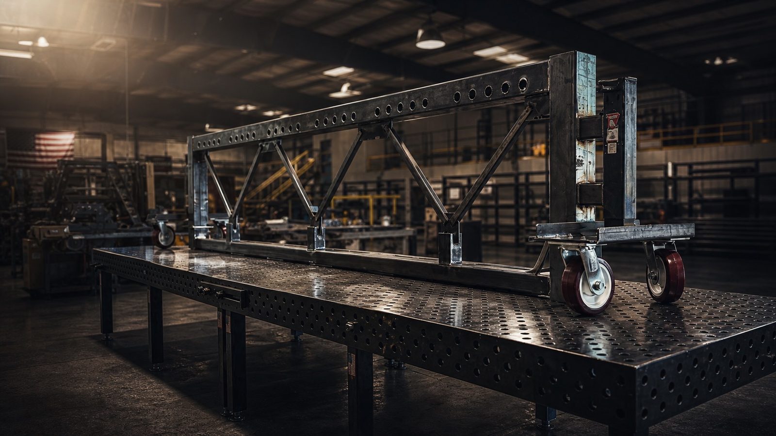 Long welded steel transport cart on heavy casters in the fabrication shop
