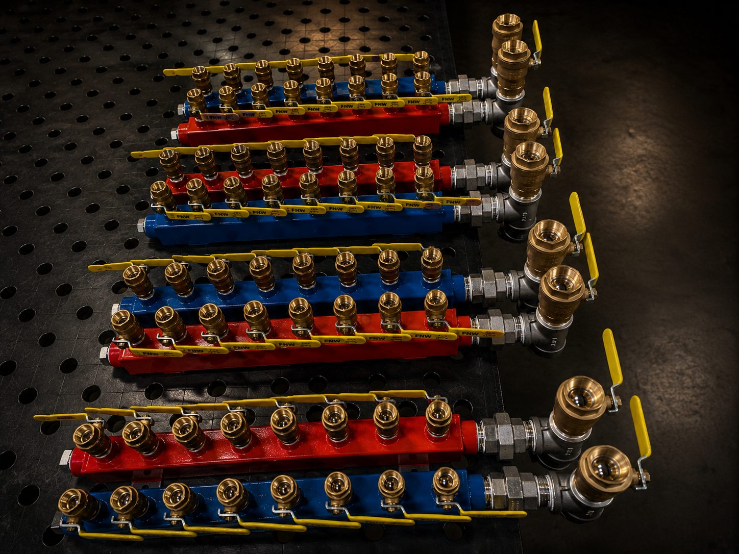 Row of assembled valve manifolds with red and blue pipe and ball valves