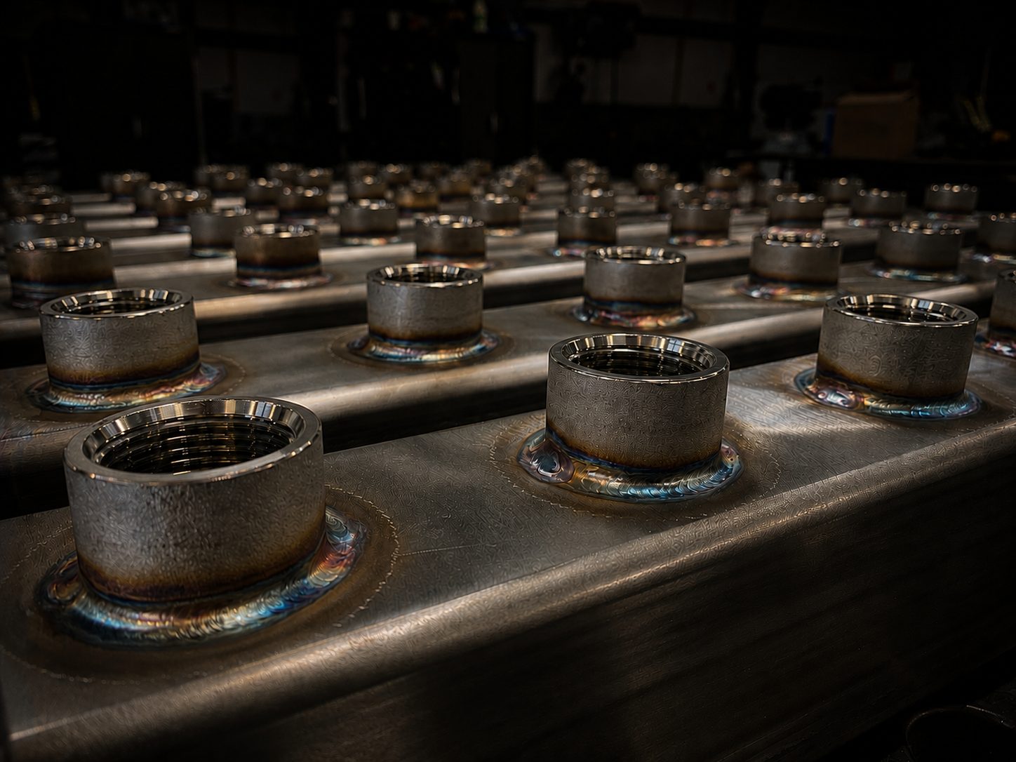 Close-up of repeated welded fittings set along a steel beam